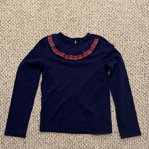 Girls Size 10 Navy Blue Knit Shirt with Red Plaid Accent